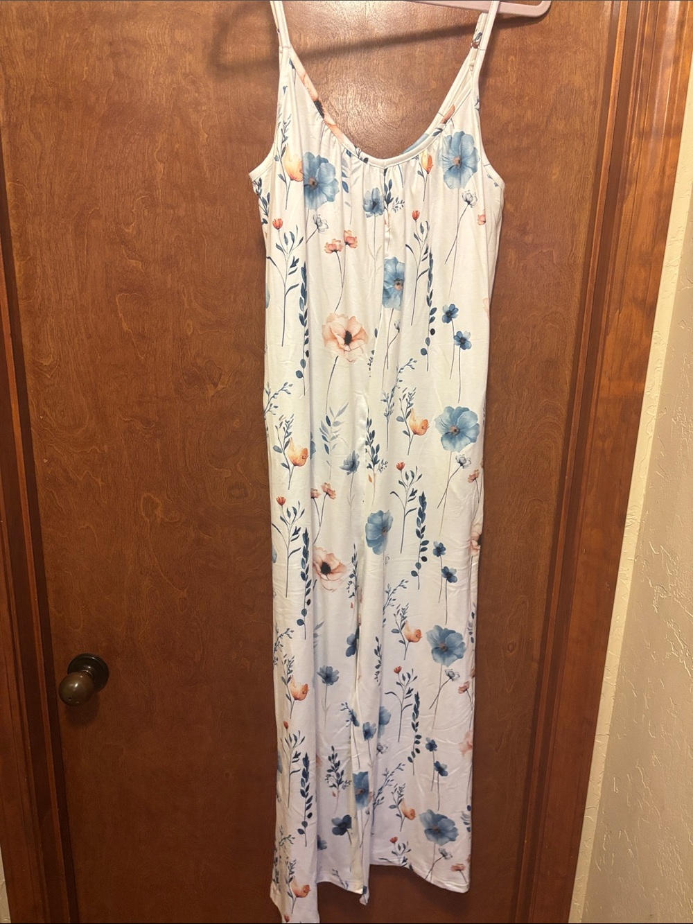 Floral White Jump Suit with Blue and Peach Blooms